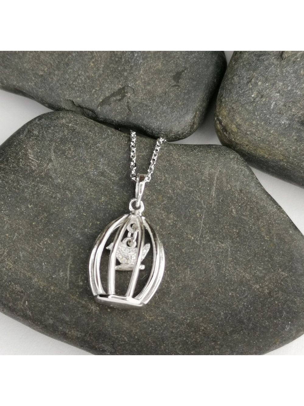Bird in a Cage Sterling Silver CZ pendant necklace